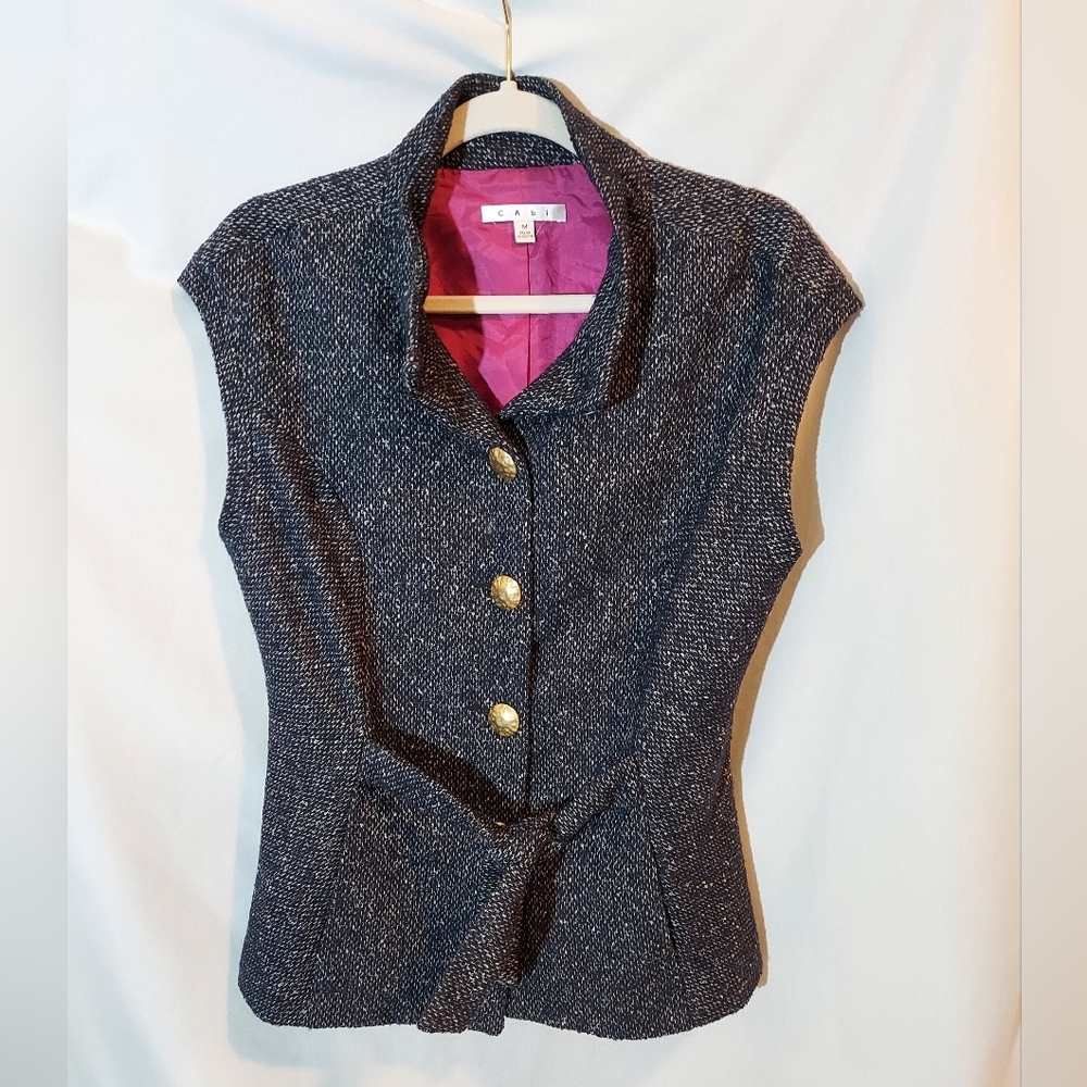 CAbi Tie Front Wool Blend Lined Tweed Vest With Gold Butons - Black/Pink